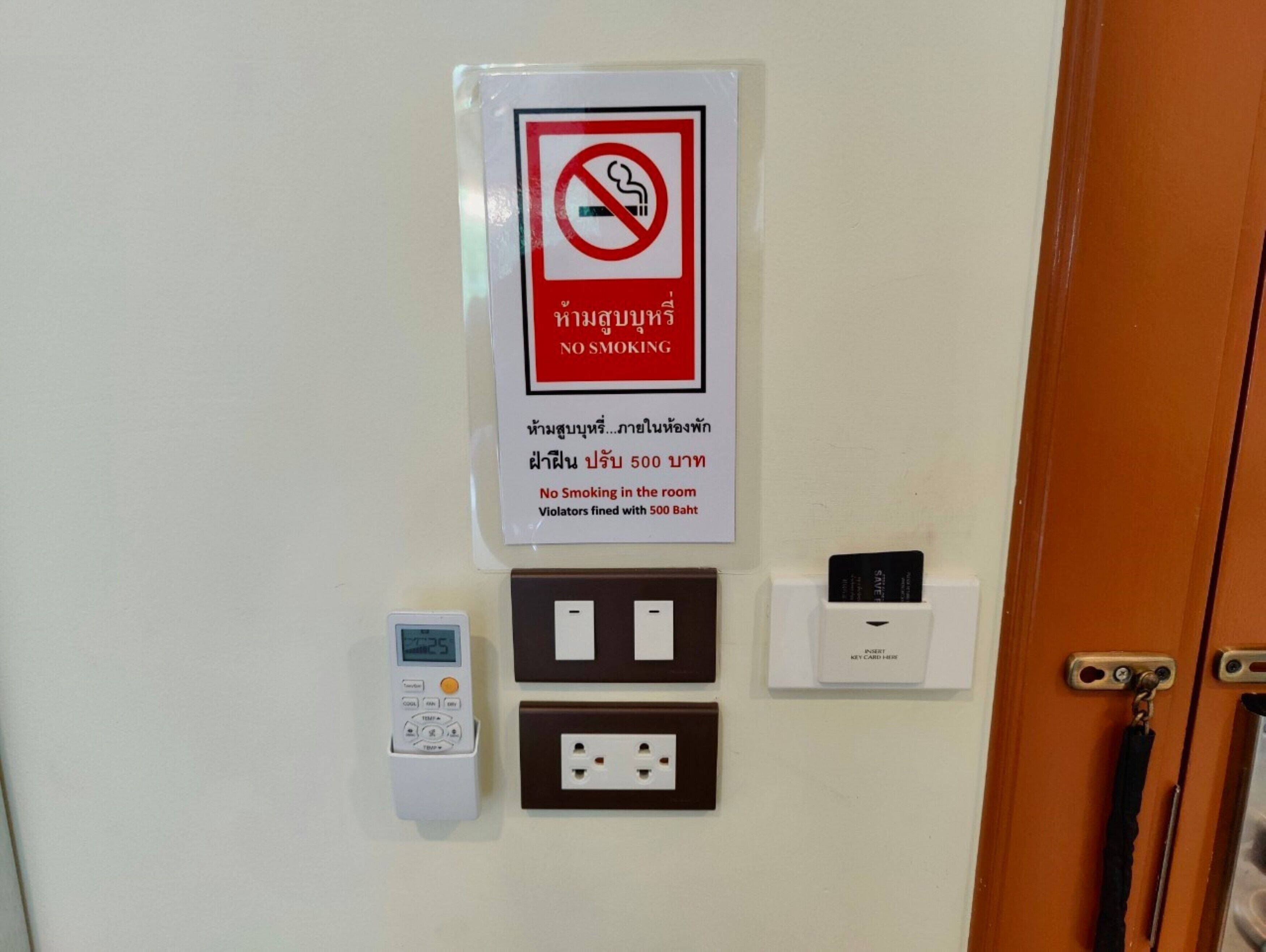 A no-smoking sign, a thermostat, a key card reader, and a door lock on a wall.
