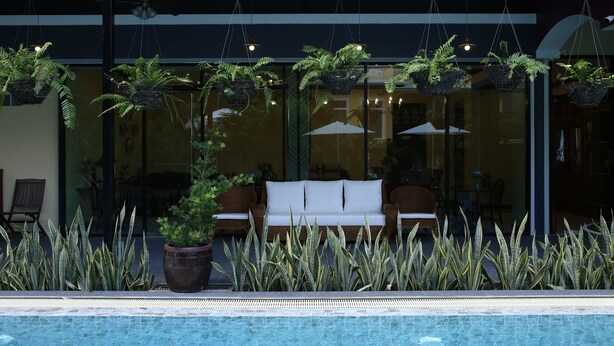 Área da piscina com vasos suspensos, um sofá branco e uma porta de vidro que dá para um espaço interno.
