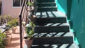 A staircase with potted plants on the left, leading to a building with a green exterior wall. - Valley View Inn (Nainital)