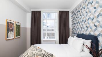 1 bedroom, desk, laptop workspace, blackout curtains