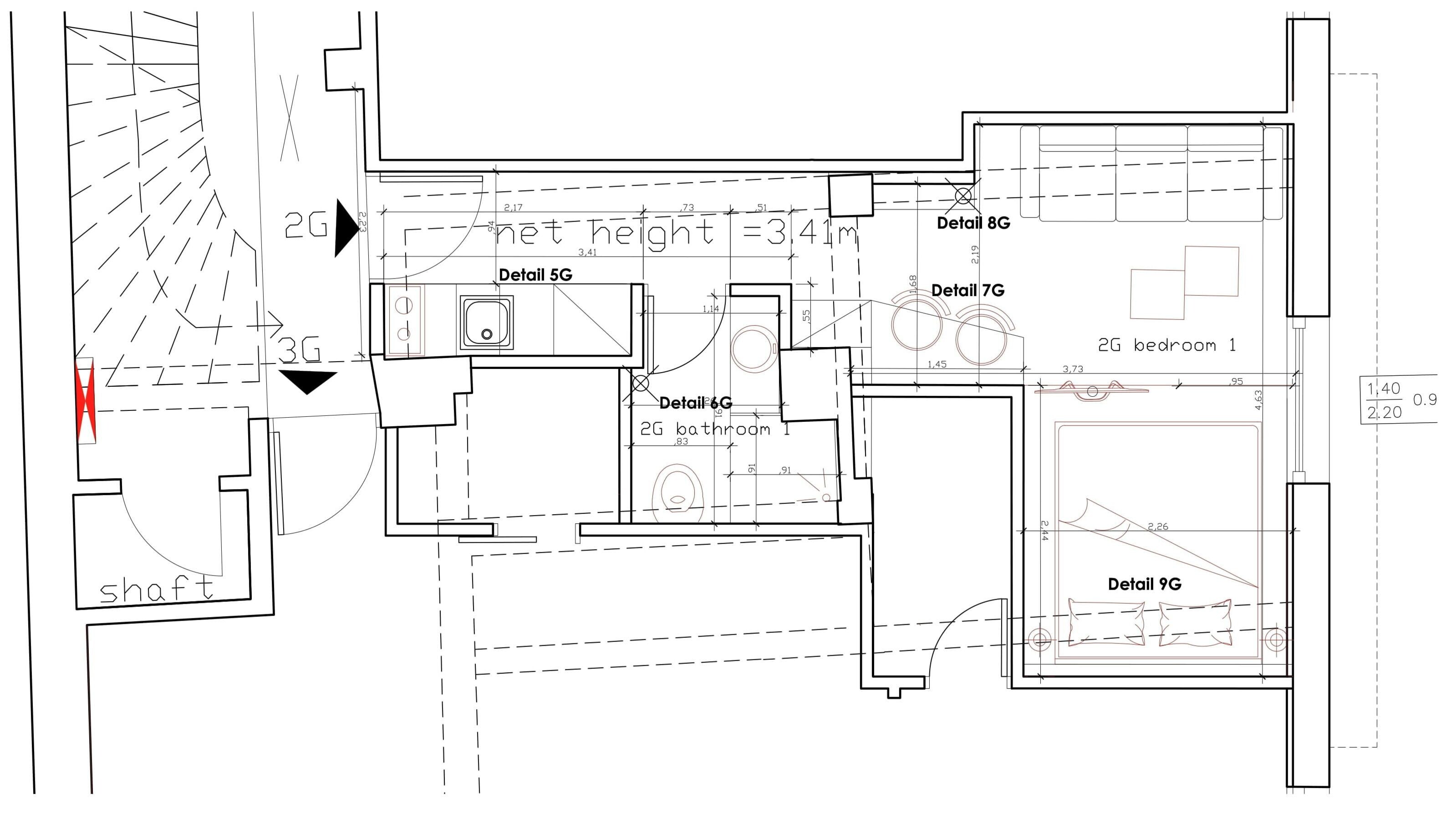 A detailed architectural floor plan of a building with multiple rooms, including a kitchen, bathroom, and bedroom areas.