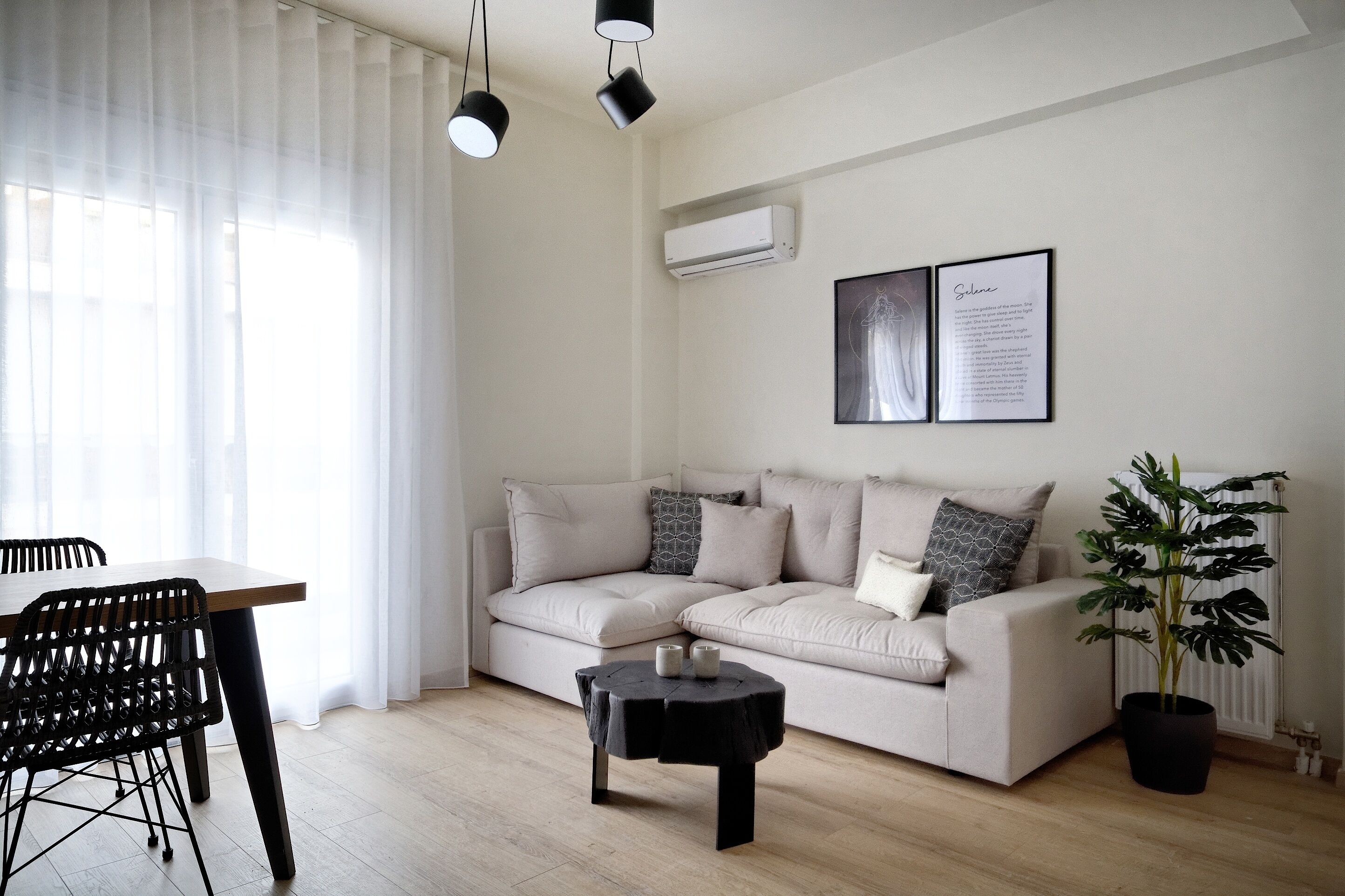 A modern living room with a sofa, a dining table with chairs, a coffee table, and a potted plant.