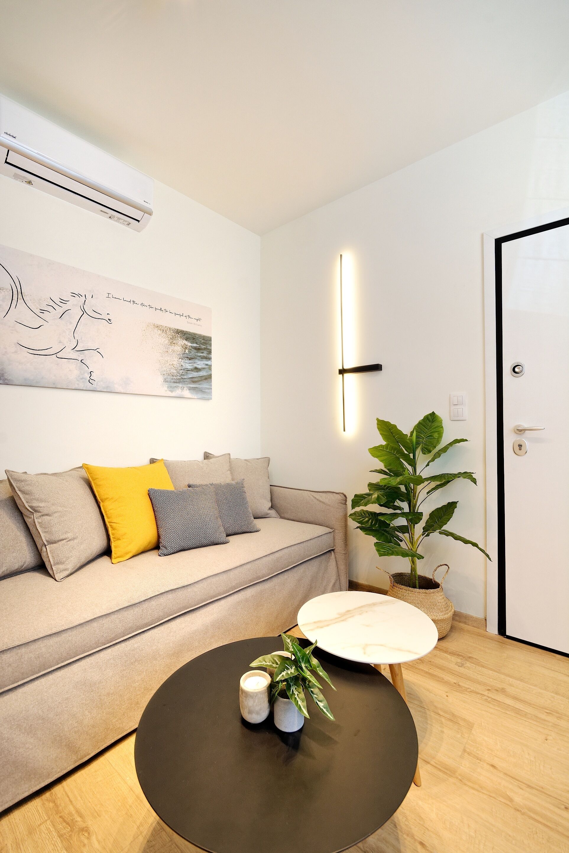 Un salon moderne avec un canapé, une table basse ronde, une plante en pot et un climatiseur fixé au mur.