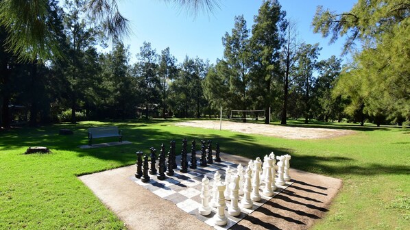 A chessboard set up outdoors in a park with trees in the background.