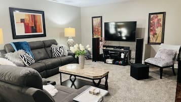 Smart TV, fireplace, video games, DVD player