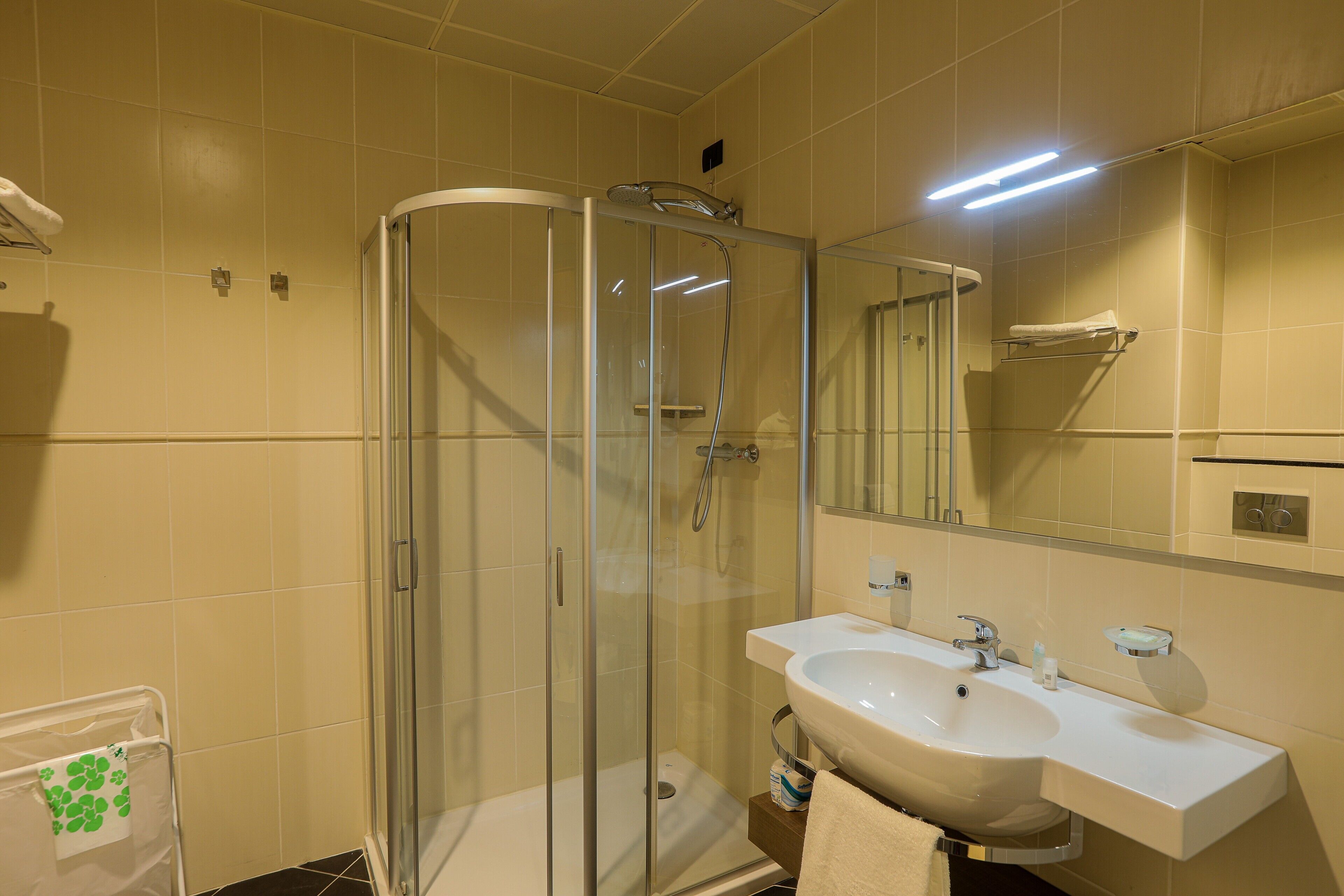 A modern bathroom with a glass-enclosed shower, a white sink, and a mirror.