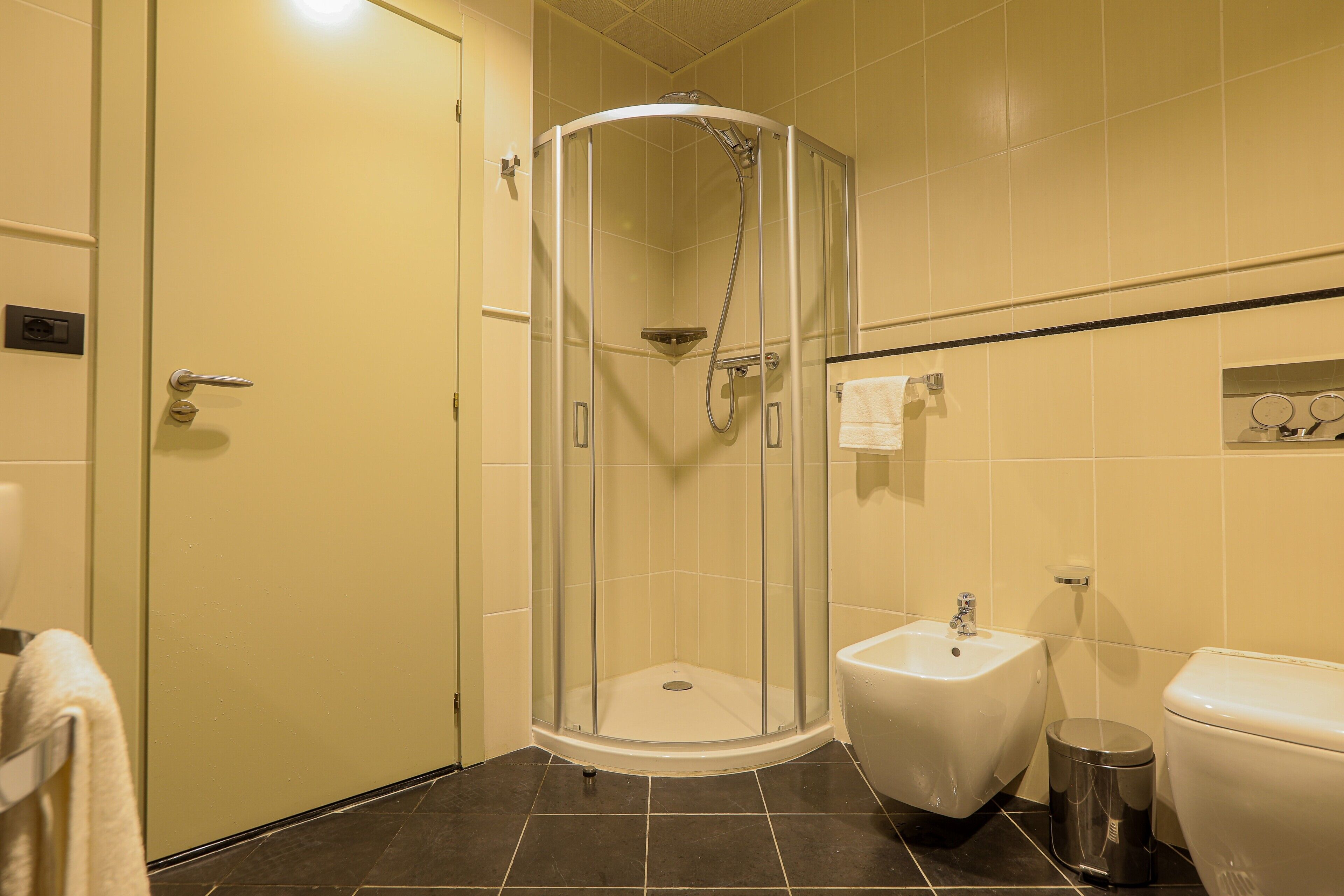 A bathroom with a glass-enclosed shower, a sink, and a toilet.
