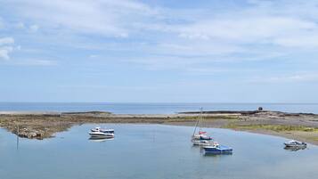 A calm harbor with several boats anchored near the shore, surrounded by rocky terrain and a clear sky.