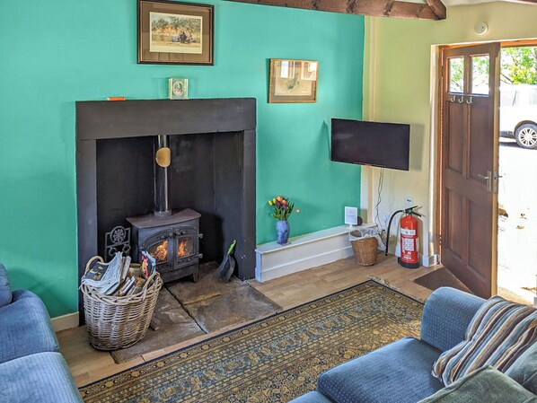 Una sala de estar acogedora con chimenea, televisión y una cesta de mimbre.