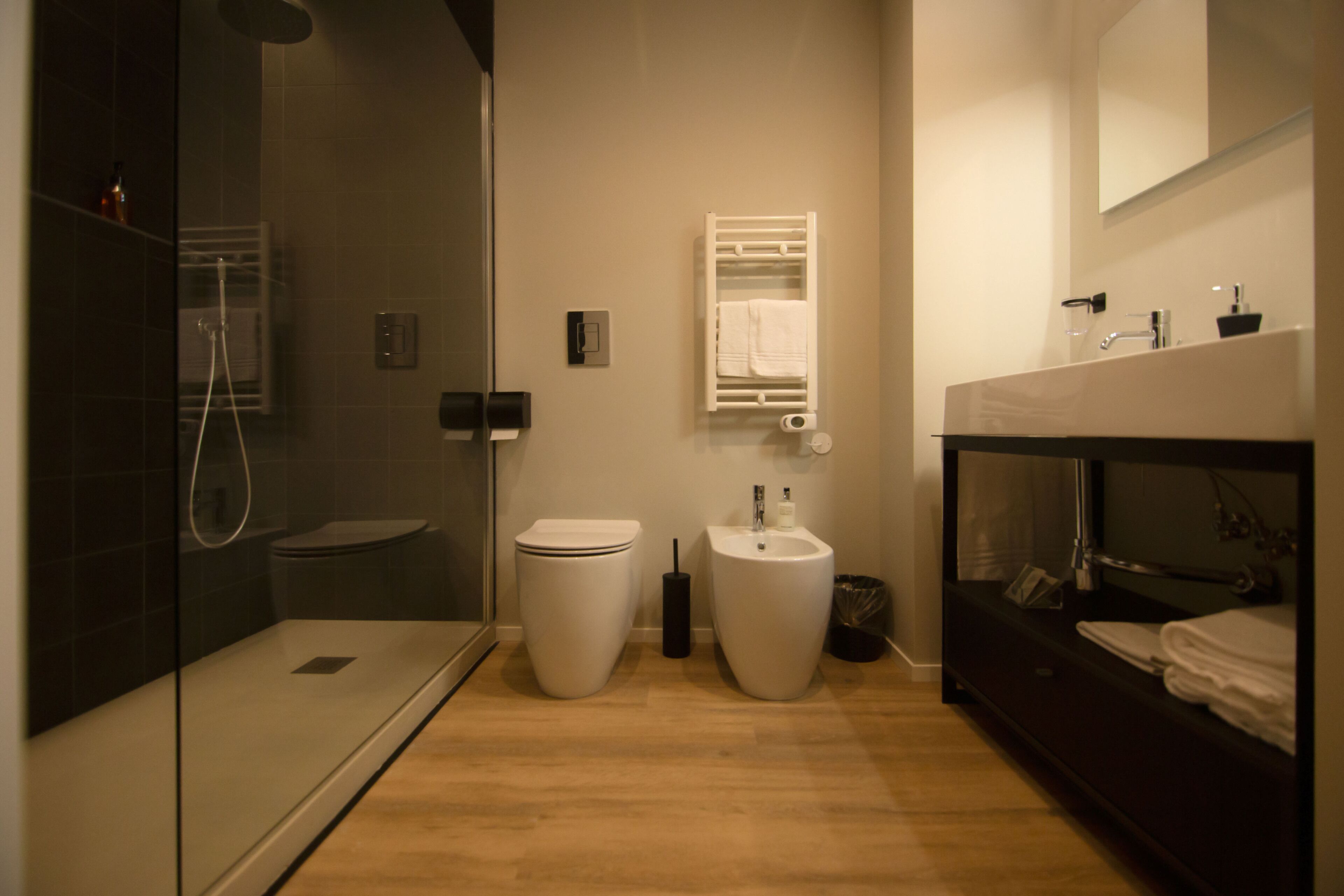 A modern bathroom with a glass-enclosed shower, a white toilet, a sink, and a vanity with a mirror.