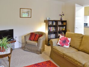 Una sala de estar con un sofá, una silla, una estantería, un televisor y una mesita con una planta.