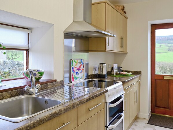 A modern kitchen with a stainless steel sink, a built-in oven, and a window with a view of the countryside.