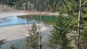 A natural landscape with a river, dense forest, and a clear sky.