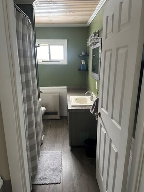 Duschwanne, Handtücher, Seife, Toilettenpapier