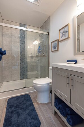 Douche, séchoir à cheveux, serviettes fournies, papier de toilette