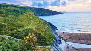 A coastal landscape with a grassy path leading to a beach. - Troed Y Rhiw Aberpoth (Aberporth)