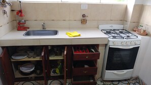 A compact kitchen with a sink, stove, and storage drawers. - Caminito en Planta Alta (Salta)