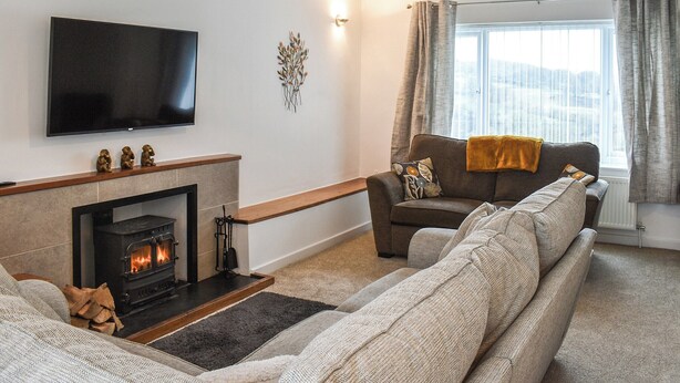 A living room with a fireplace, a sofa, a television, and a window with curtains. - 4 bedroom accommodation in Corwen (Corwen)
