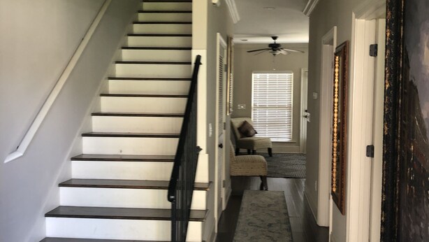 Un escalier avec des marches en bois foncé et une rampe blanche, menant à un palier doté d’un ventilateur de plafond et d’un luminaire.