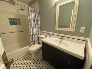 Combined shower/bathtub, hair dryer