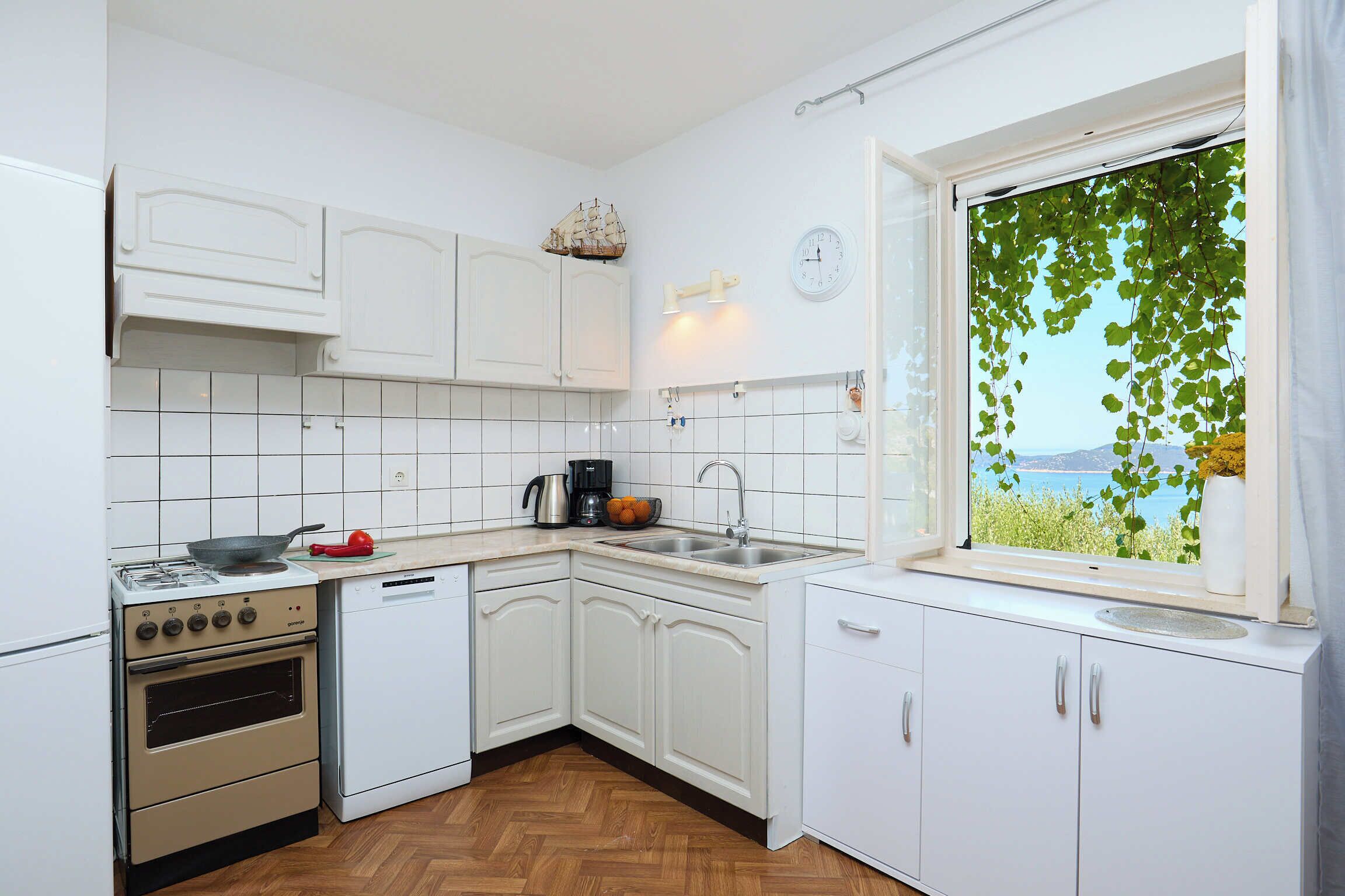 A kitchen with white cabinets, a stove, a sink, and a window with a view of the sea.