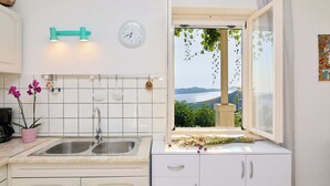 Una cocina con un lavamanos doble, un reloj y una ventana con vistas a follaje y un paisaje lejano.