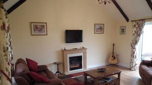 Een woonkamer met een open haard, een televisie, een gitaar en twee banken.