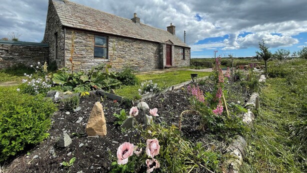 A stone house with a red door, surrounded by a garden with various plants and flowers. - You will love everything about Mey Bee. (Mey, near Thurso)