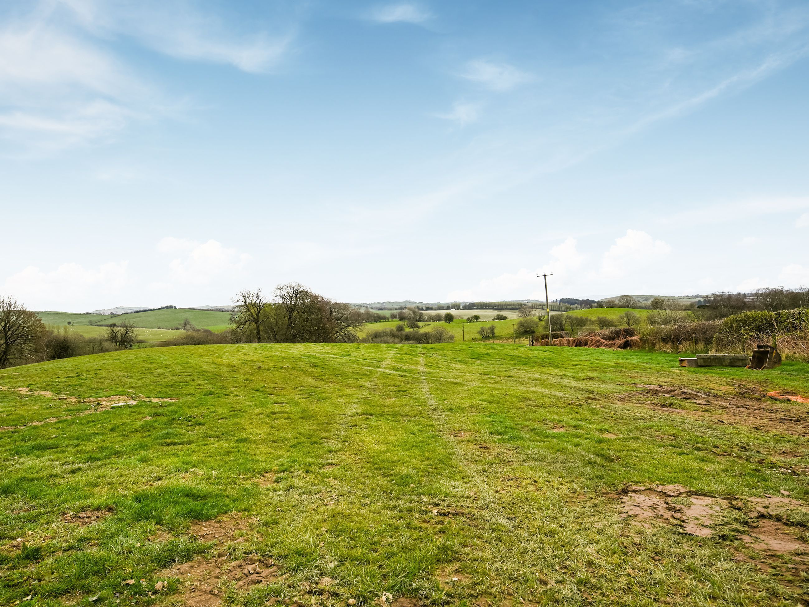 Een landelijk landschap met een grasveld, bomen en glooiende heuvels op de achtergrond.