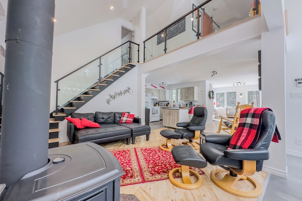 TV connectée, cheminée, livres, chaßne hi-fi