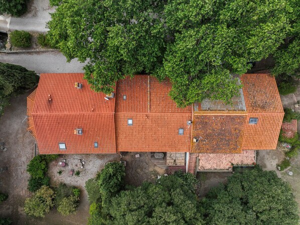 A large building with a red-tiled roof, surrounded by dense green trees.