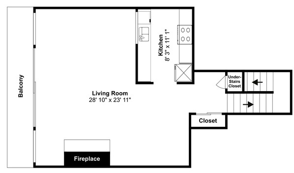 A floor plan with a living room, kitchen, balcony, fireplace, and closet. - Lenawee 1741 (Keystone)