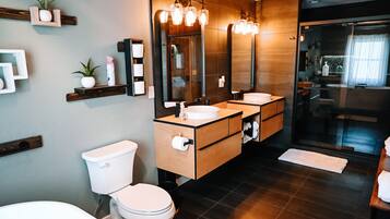 Combined shower/bathtub, hair dryer, towels, soap