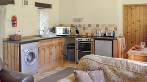Une cuisine compacte équipée d’un lave-linge, d’un four et d’un four à micro-ondes.