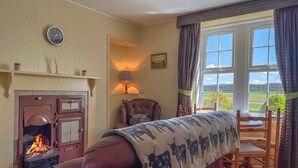 A cozy room with a fireplace, a sofa, a chair, and a view of the outdoors. - Rowan Cottage - UK38991 (Dalcross)