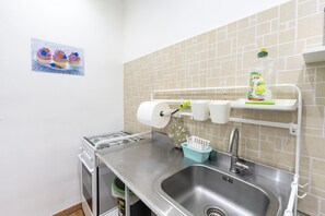 A kitchen with a stainless steel sink, a gas stove, a dish rack, and a wall-mounted shelf with a bottle of dish soap.