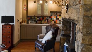 A cozy living room with a fireplace, a television, and a dining area with a tiled backsplash.