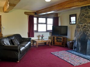 A living room with a leather sofa, a television on a wooden stand, a stone fireplace, and a window with curtains. - 3 bedroom accommodation in Dunterton, near Tavistock (Dunterton, near Tavistock)