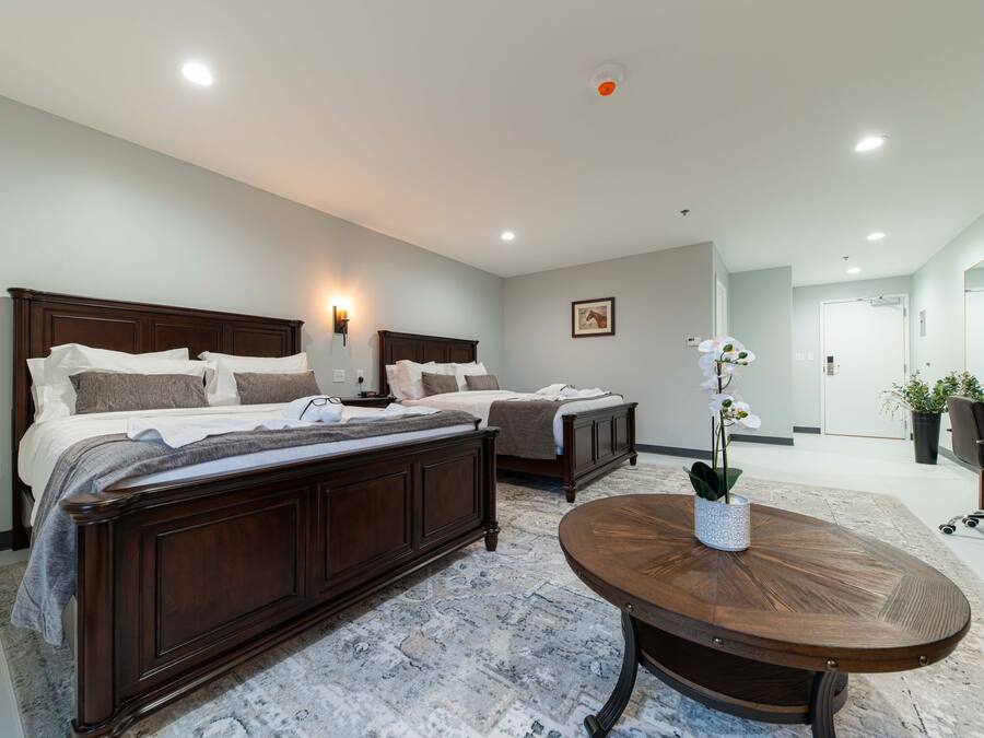 A hotel room with two beds, a round wooden table, a potted orchid, and a painting on the wall.