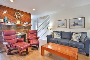 Smart TV, fireplace, books