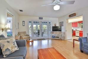 Smart TV, fireplace, books