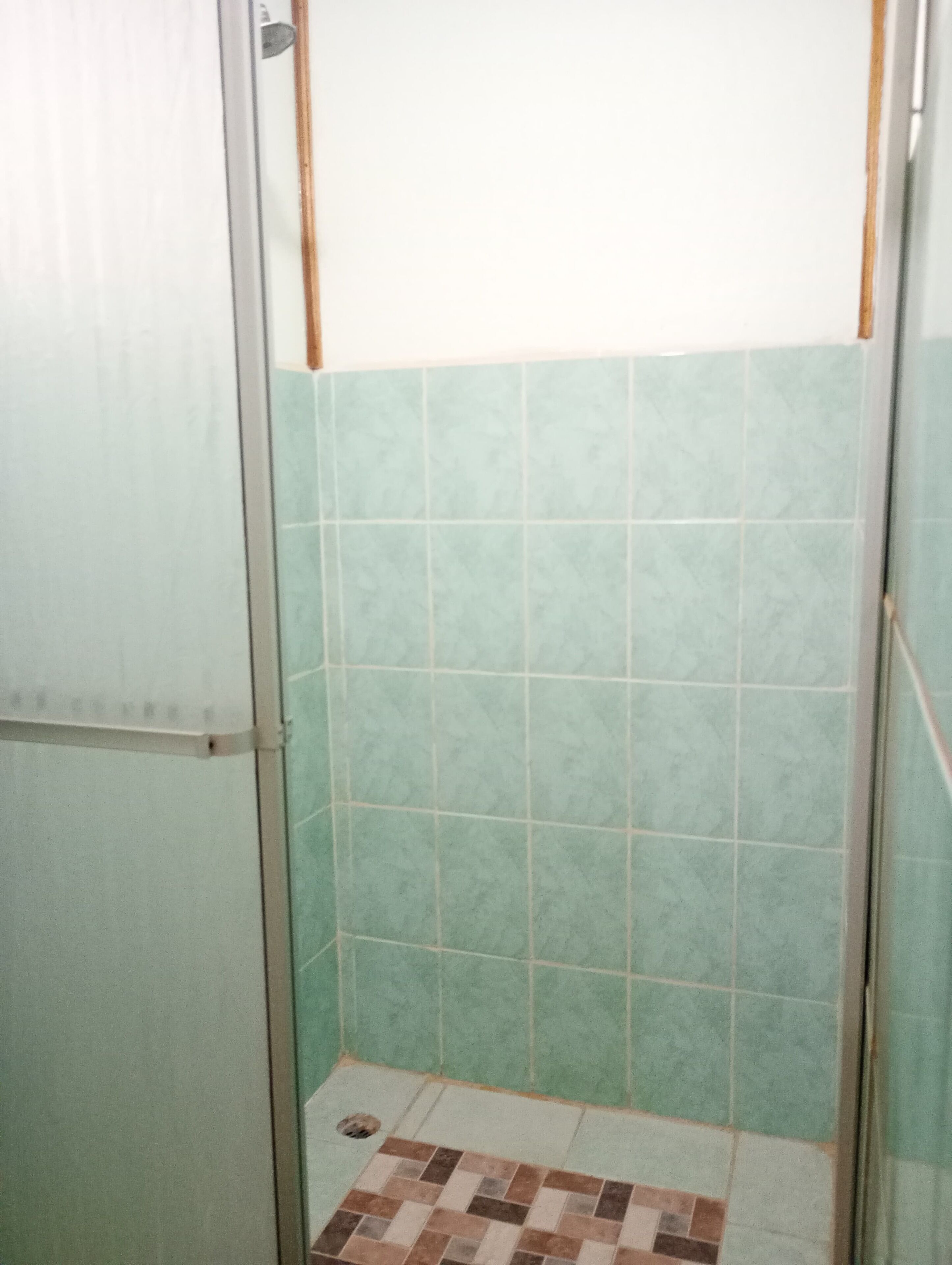 Un petit espace douche fermé, avec des carreaux vert clair aux murs et un sol carrelé de couleurs marron et blanc.