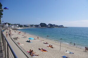 On the beach, sun loungers