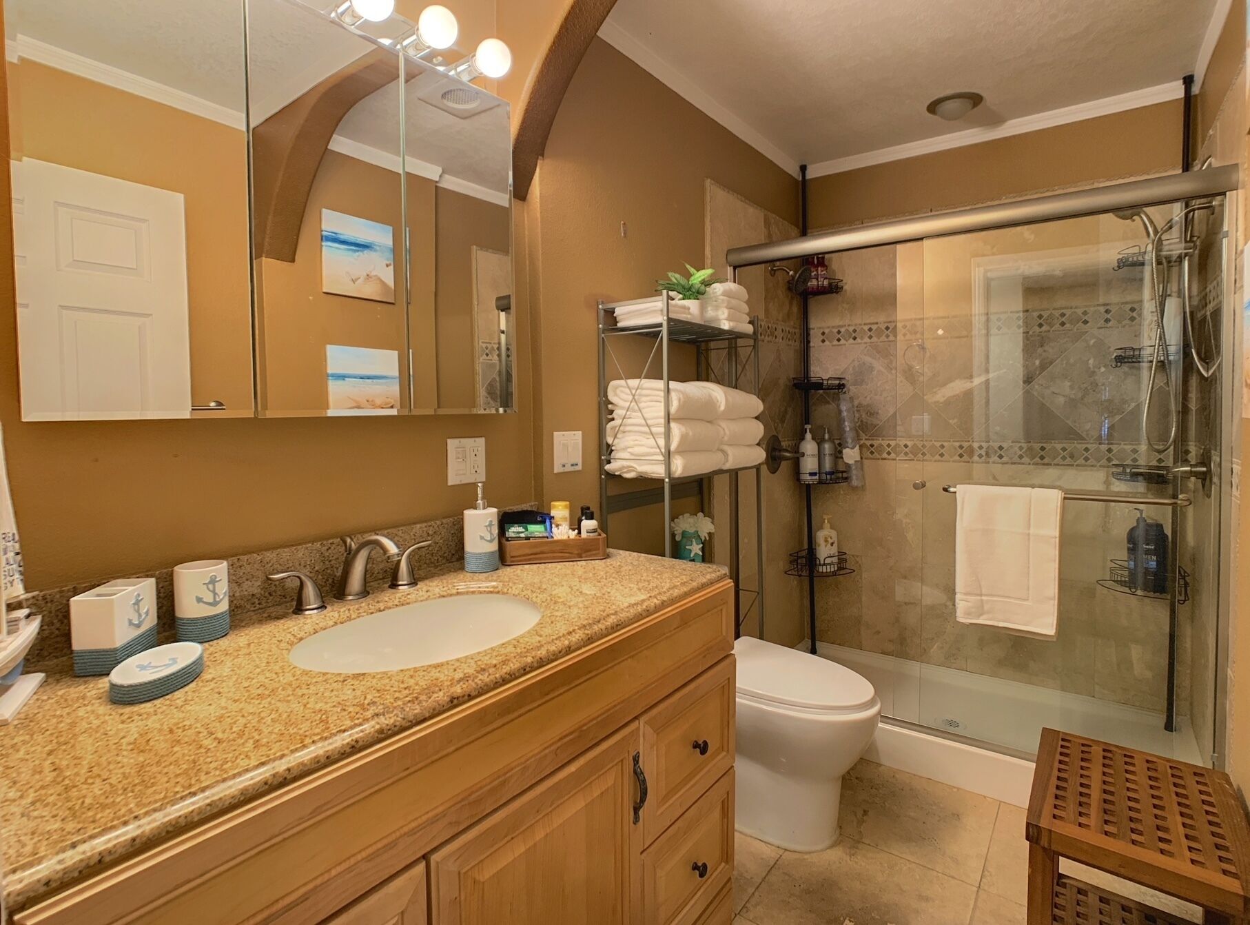 Shower, towels, soap, shampoo