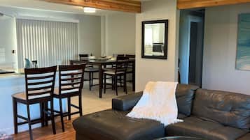 Smart TV, fireplace, books