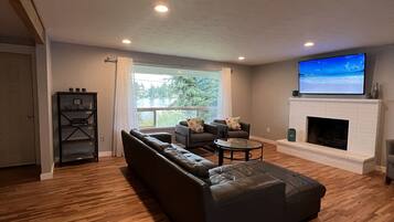 Smart TV, fireplace, books