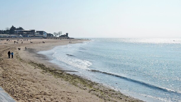 Une plage avec un rivage sablonneux, quelques personnes et des bâtiments en arrière-plan.