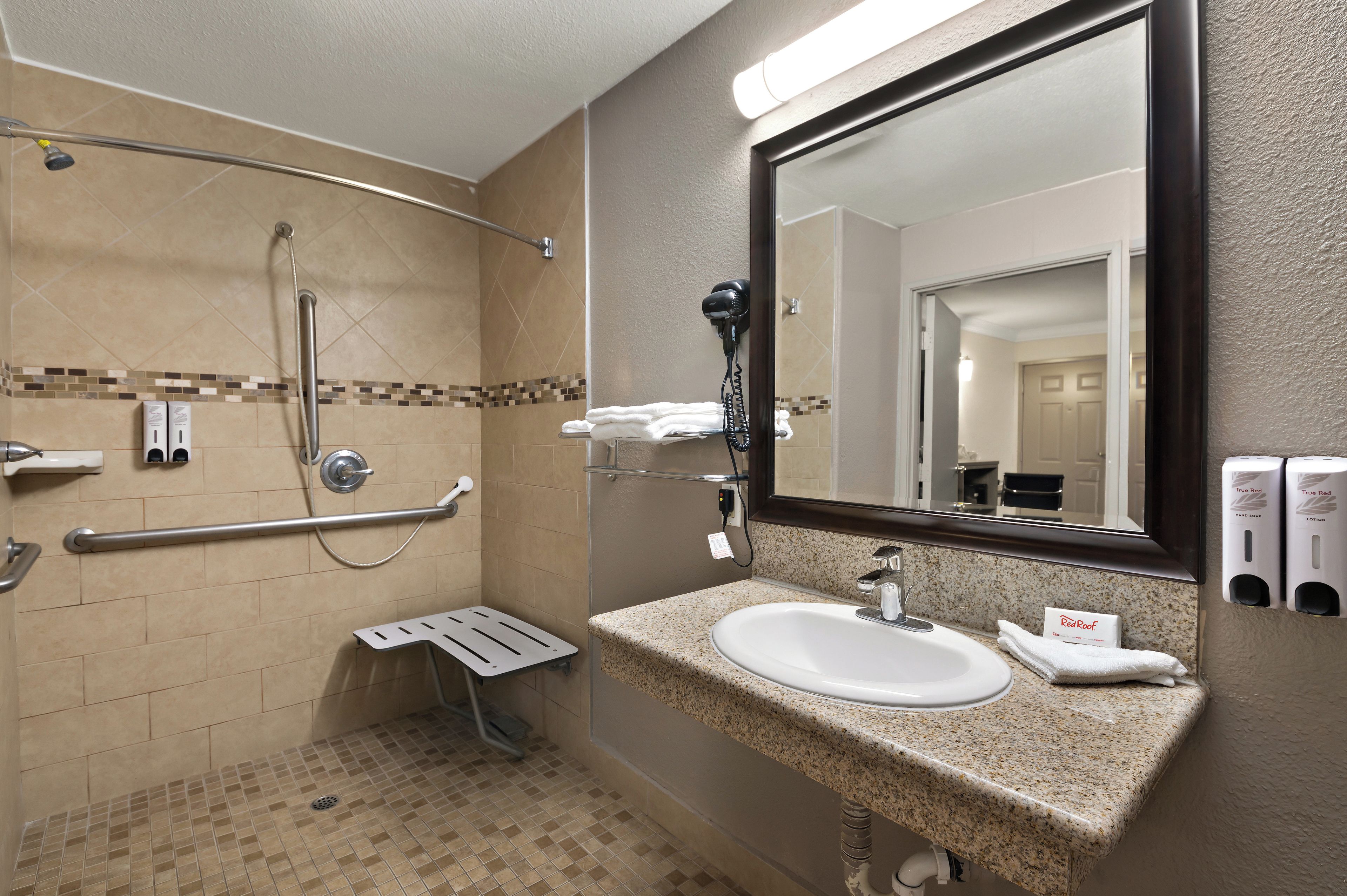 Une salle de bain d’hôtel équipée d’une douche à l’italienne, de barres d’appui, d’un lavabo avec un plan de travail et d’un miroir.