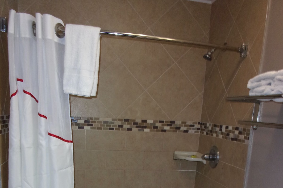 Ein Badezimmer mit Dusche, Toilette und Handtuchhalter.