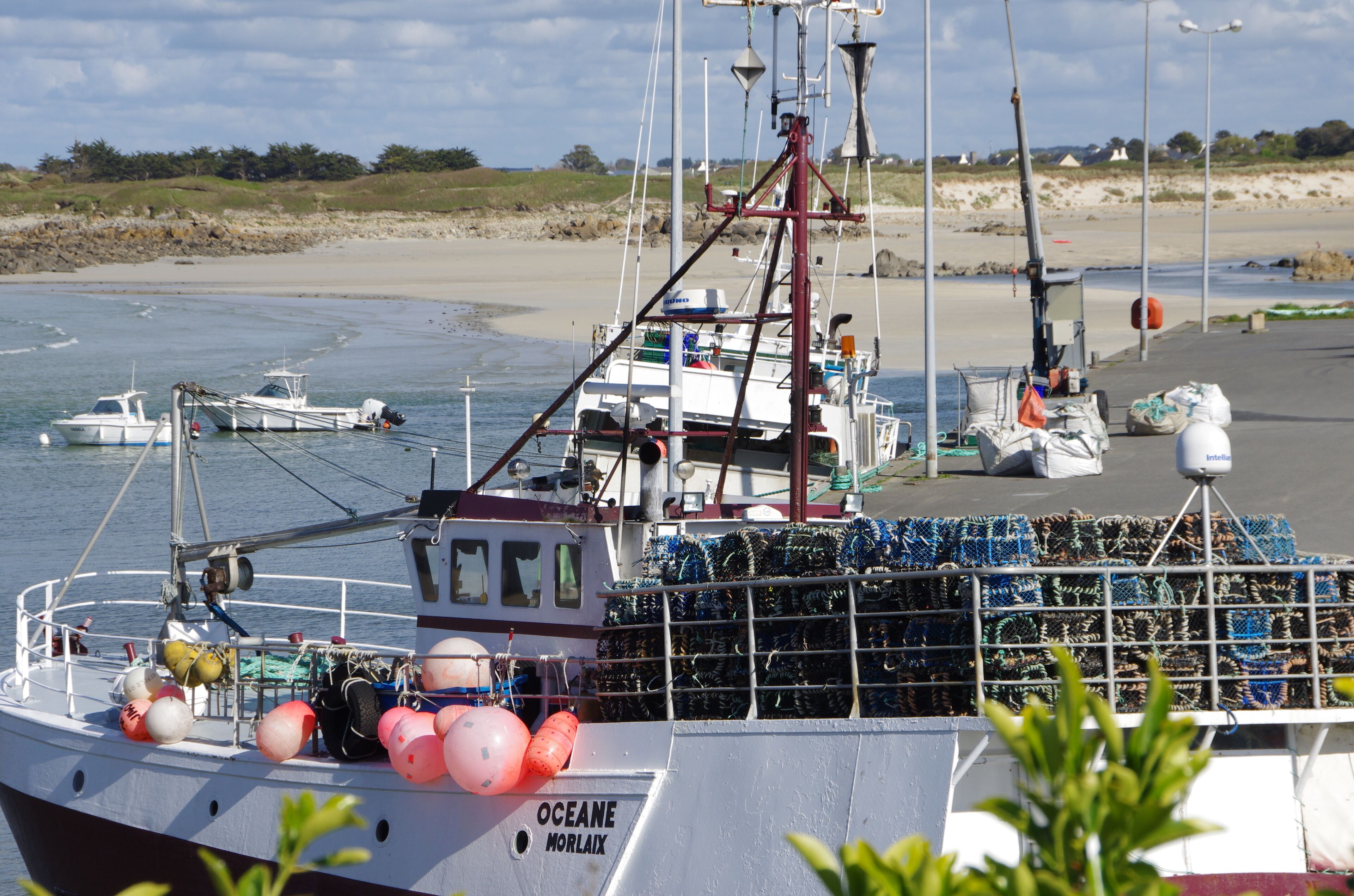 A boat docked at a beach with a sandy shore and a grassy area in the background.
